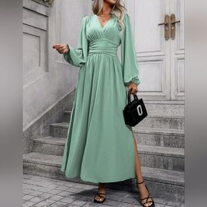 slim fit dress slacks Mint Bell Long Sleeves Cut Out Ring Slit Maxi Dress Medium
